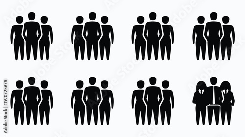 Teamwork and unity illustrated with silhouettes of diverse friends standing together in groups emphasizing collaboration and togetherness in minimalist style
