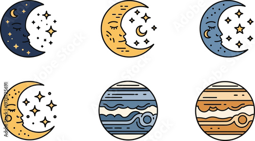 Collection of celestial icons featuring crescent moons with faces and stars and planets flat vector design for astronomy and night sky concepts isolated on white