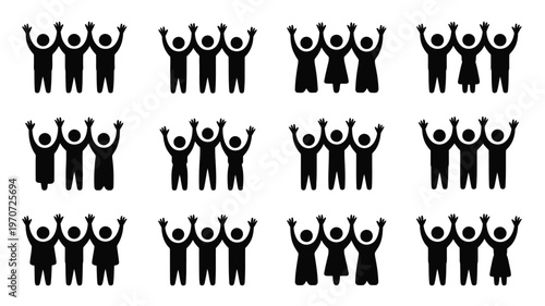 Minimalist black silhouettes of diverse groups of people celebrating together with raised arms in a grid layout symbolizing unity teamwork and community spirit in a clean modern