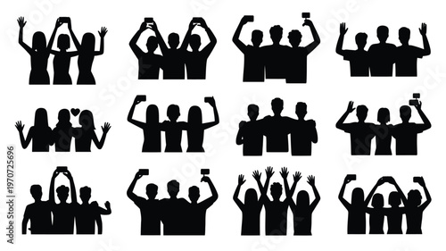 Silhouettes of 12 happy friends celebrating with raised arms drinks and joyful gestures in a collection of icons