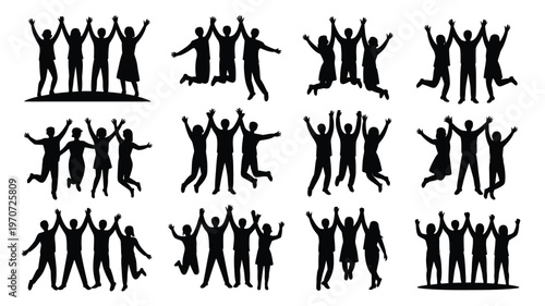 Group of diverse silhouettes celebrating together in dynamic poses jumping and raising hands in joyful unity on white background