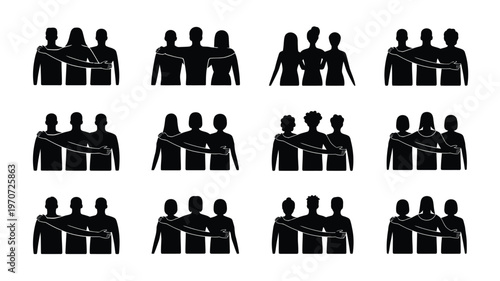 Black silhouettes of diverse groups of friends standing together in unity displayed in a grid of twelve icons symbolizing friendship teamwork and community spirit