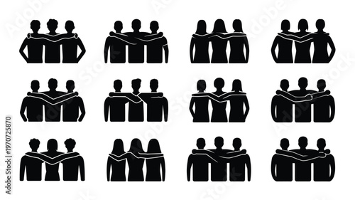 Silhouette of diverse groups of friends embracing in unity black and white minimalist design concept of friendship community and togetherness