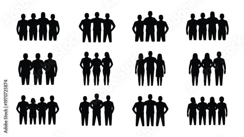Silhouettes of diverse groups of friends standing together in various poses isolated on white background minimalist black and white design social connection and unity concept