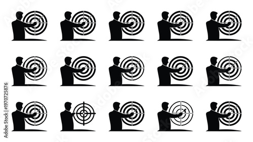 Businesspeople silhouettes interacting with target symbols in minimalist design representing goals focus and achievement
