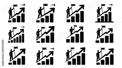 Businessperson climbing upward on bar graph arrows symbolizing growth achievement and leadership in a bold black silhouette illustration