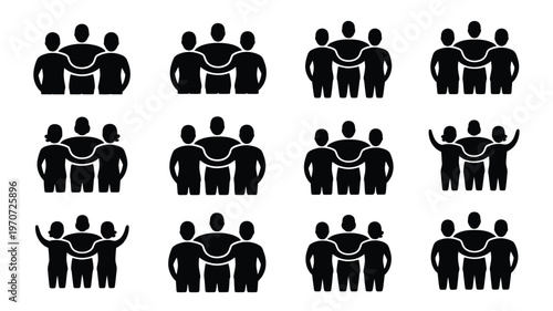 Silhouettes of diverse groups of friends standing together in unity depicting friendship camaraderie and teamwork through minimalist black and white icons