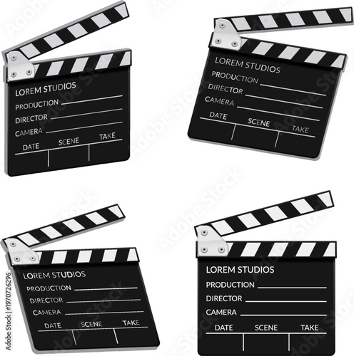Set of four black clapperboards in different angles, movie production equipment, film industry vector illustration