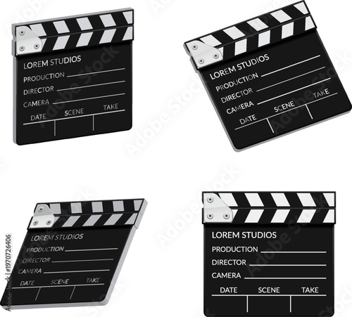 Four black film clapperboards at different angles, vector illustration for cinema and production