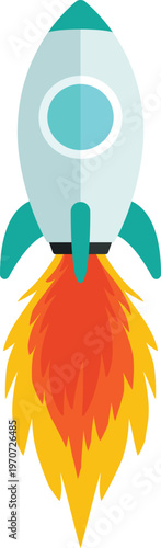 Stylized rocket launching with fiery exhaust in flat design vector illustration