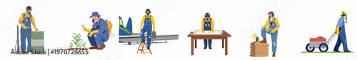 Vector illustrations of an agricultural worker in protective gear performing various tasks like crop dusting, spraying crops, and planning farm operations.