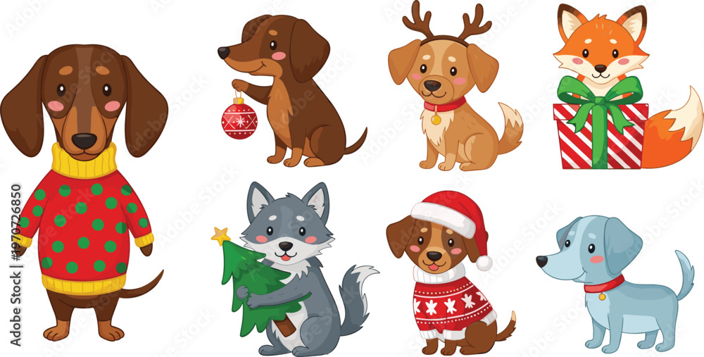 Fototapeta premium Cute Cartoon Dogs and Animals in Festive Holiday Outfits with Christmas Accessories, Hand-Drawn Vector Illustration for Christmas, Pet, and Holiday Designs