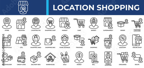 Location Shopping icon set collection. Containing find, groceries, estate, rack, fund, position, warehouse .Line vector icons collection