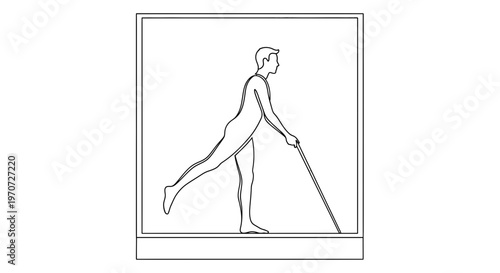 Man practicing balance exercise with a stick, single leg stance, physiotherapy, rehabilitation