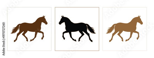 Galloping horse silhouettes in brown and black colors, set of 3 vector horse icons, elegant equestrian animal profiles for logo design