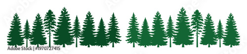 Green pine forest silhouette vector, evergreen coniferous tree line border, dark green spruce and fir woodland landscape for outdoor branding