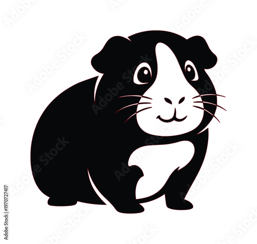 Minimalist guinea pig vector illustration, cute black and white cavy pet icon, stylized rodent character design for animal care branding