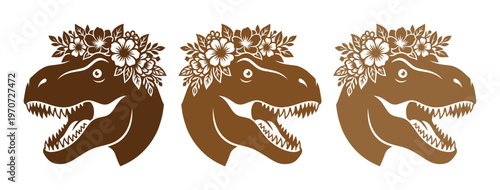 Vintage Tyrannosaurus Rex head with flower crown, brown dinosaur silhouette vector set, prehistoric T-Rex floral illustration for apparel