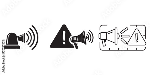 Warning and alert symbols a collection of siren triangle and megaphone icons in silhouette style