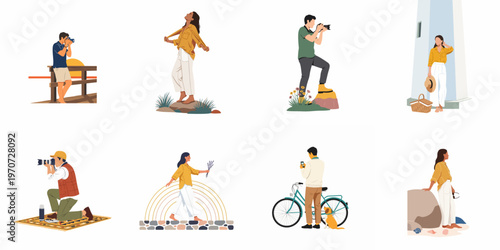 Flat vector illustration set of diverse people engaged in various outdoor hobbies like photography, travel, and enjoying nature in scenic landscapes.