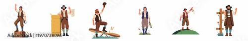 Set of vintage aviator and explorer characters in various poses with adventure-themed props and rustic settings on a white background.
