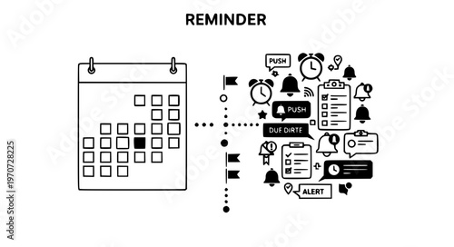 Split Focus Reminder Calendar with Alert Cluster and Notification Elements Black Silhouette Minimal UI Vector Illustration