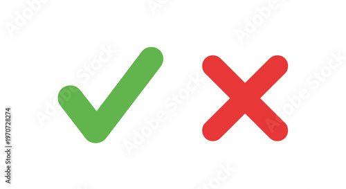Green check mark and red cross symbols isolated on white background