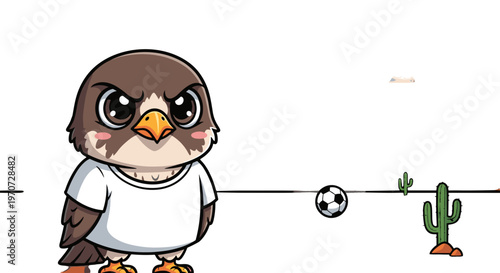 Cute cartoon falcon wearing a white t shirt playing soccer in a desert landscape