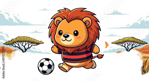 Cute cartoon lion character playing soccer ball in savanna landscape with acacia