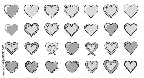 Collection of diverse heart shapes and styles with simple outlines and shading