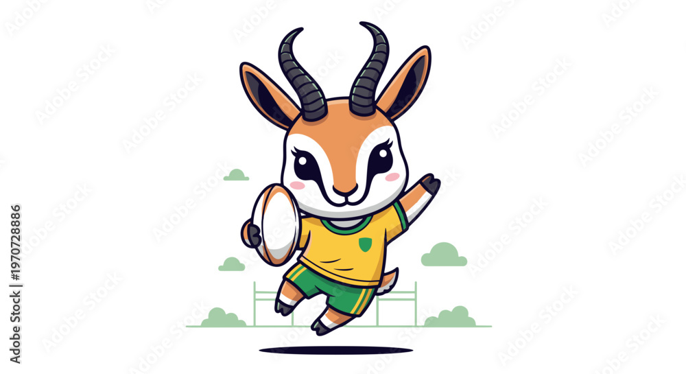 Fototapeta premium Cartoon springbok mascot playing rugby sport with joyful energy and determination