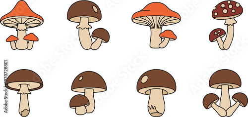 Collection of stylized mushroom icons featuring various shapes and colors in a flat design for nature or food-related concepts