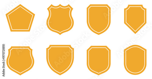 Gold shield vector logo set, emblem badge design template, gold color illustration, white background, security and protection symbol