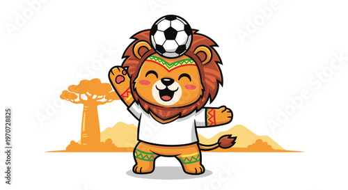 Cute cartoon lion cub balancing soccer ball on head wearing sports jersey african
