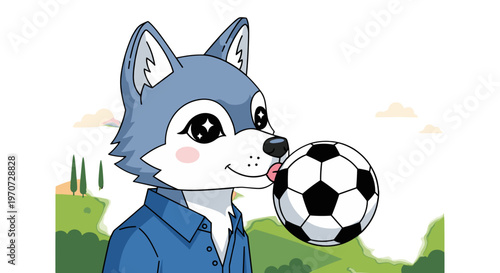 Charming cartoon wolf character licking a soccer ball with a playful expression