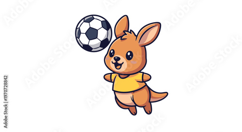 Cute cartoon kangaroo character playing with a soccer ball isolated on white