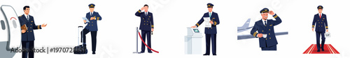 Collection of diverse airline pilot characters in uniform performing various duties such as boarding, checking flight data, saluting, and welcoming passengers.
