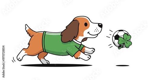 Cute cartoon beagle puppy wearing green shirt playing with soccer ball and clover