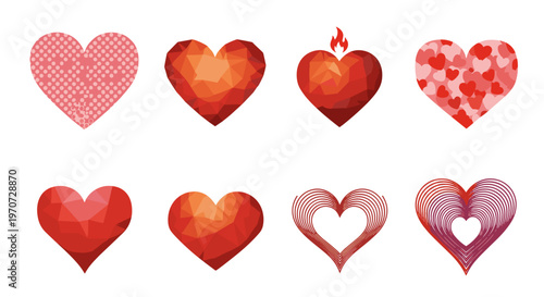 Collection of diverse red heart shapes and styles symbolizing love and affection