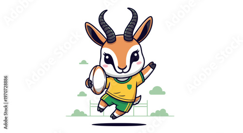 Cartoon springbok mascot playing rugby sport with joyful energy and determination