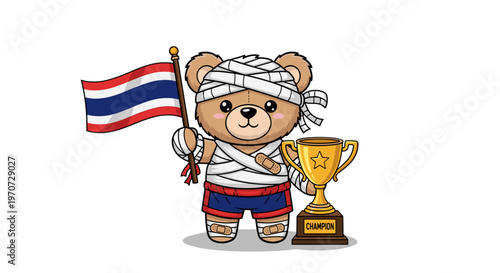 Injured teddy bear fighter with trophy and thai flag celebrating victory in combat
