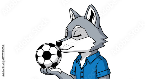 Cartoon wolf character with closed eyes holding a soccer ball feeling the texture