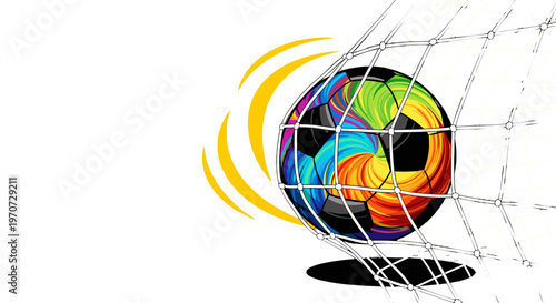 Colorful soccer ball scoring a goal hitting the net with motion blur effect