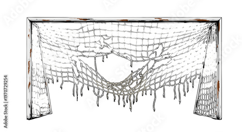Torn soccer goal net with wooden frame in sketchy outline style