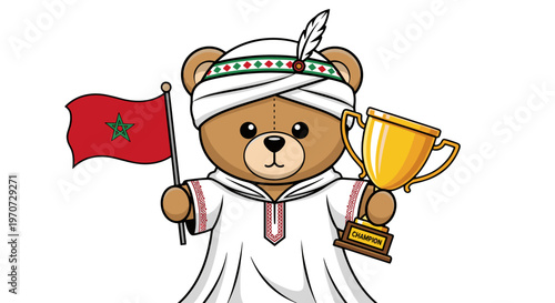 Cartoon bear character wearing traditional moroccan clothing holding flag