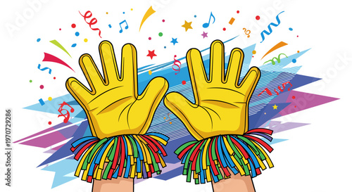 Celebration hands wearing colorful fuzzy wristbands with confetti and streamers