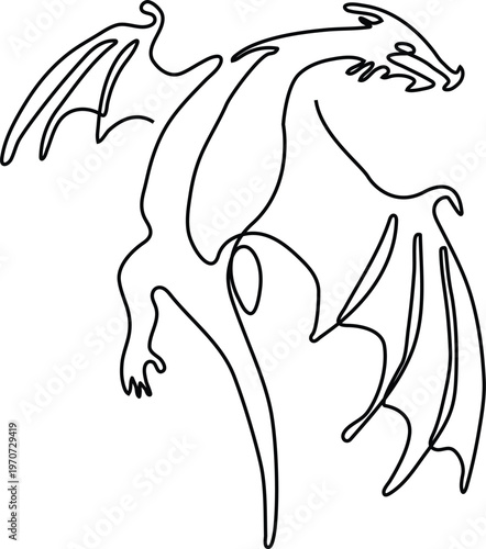 Minimalist Continuous Line Illustration of Dragon with Wings Representing Mythology Fantasy and Abstract Elegance Concept