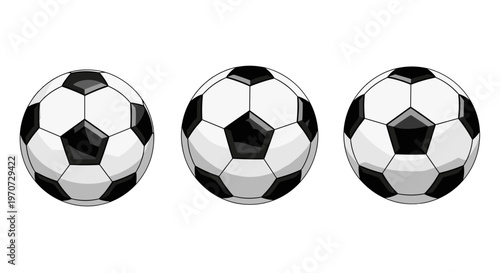 Three classic black and white soccer balls lined up on a clean white background