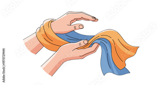 Hands carefully drying a blue and orange cloth with smooth clean strokes