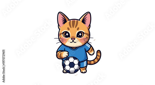 Cute cartoon kitten wearing soccer jersey holding a ball playful animal concept